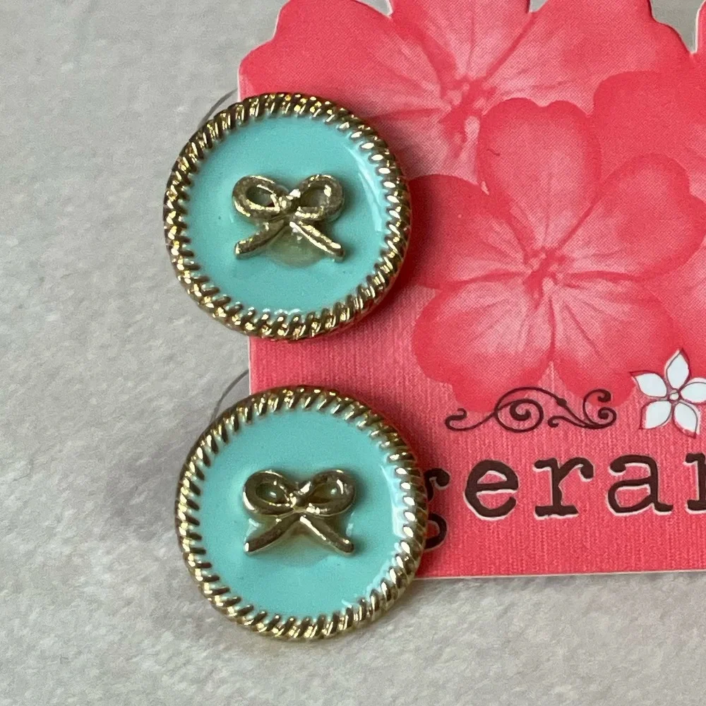 Geranium Round Blue Enamel Circle Gold Tone Bow Earrings